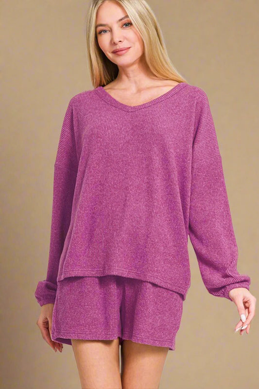 Zenana - Red Violet Long Sleeve Top and Shorts Set