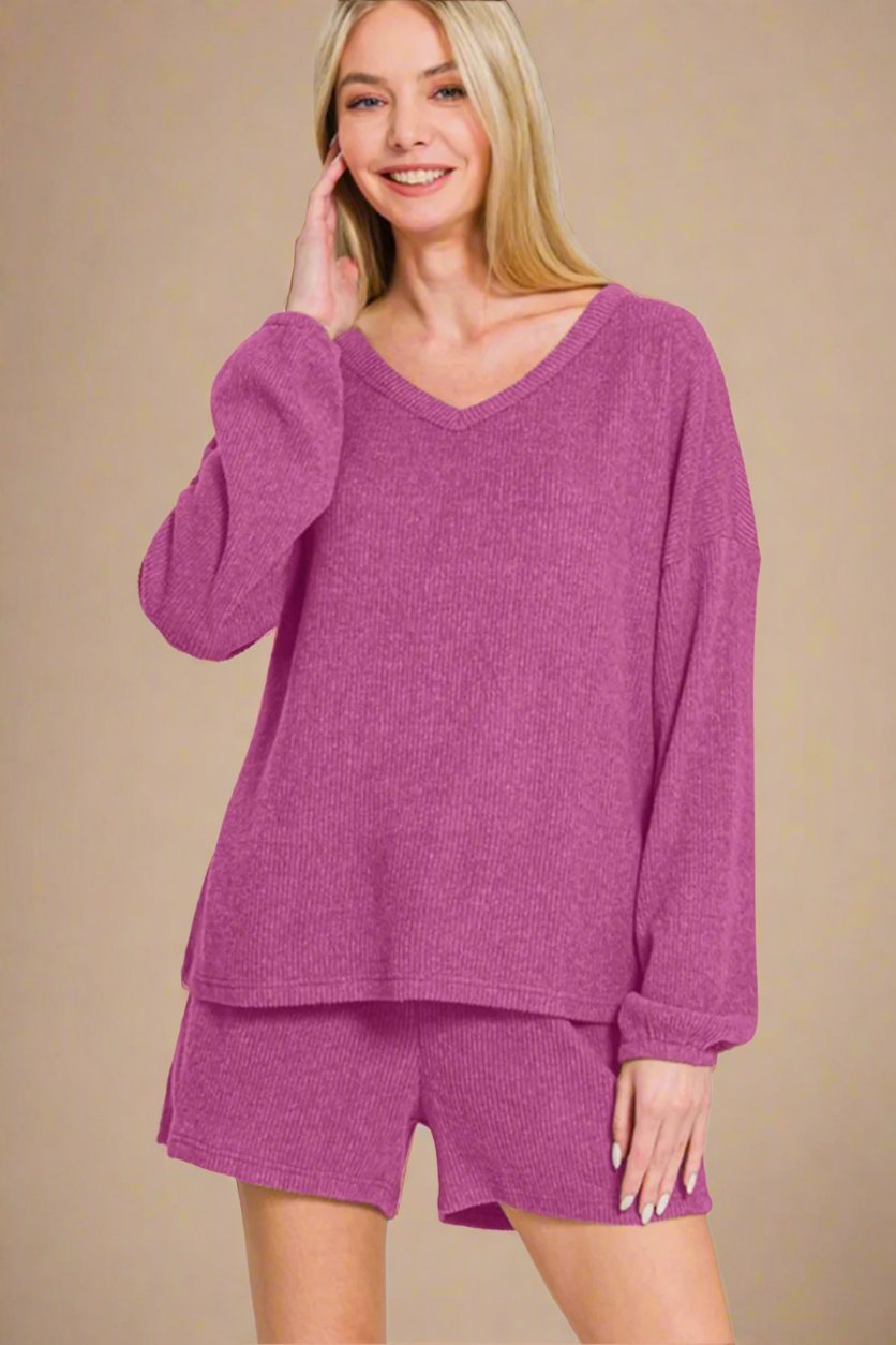 Zenana - Red Violet Long Sleeve Top and Shorts Set