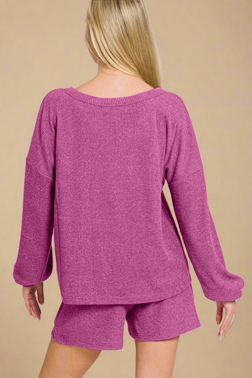 Zenana - Red Violet Long Sleeve Top and Shorts Set