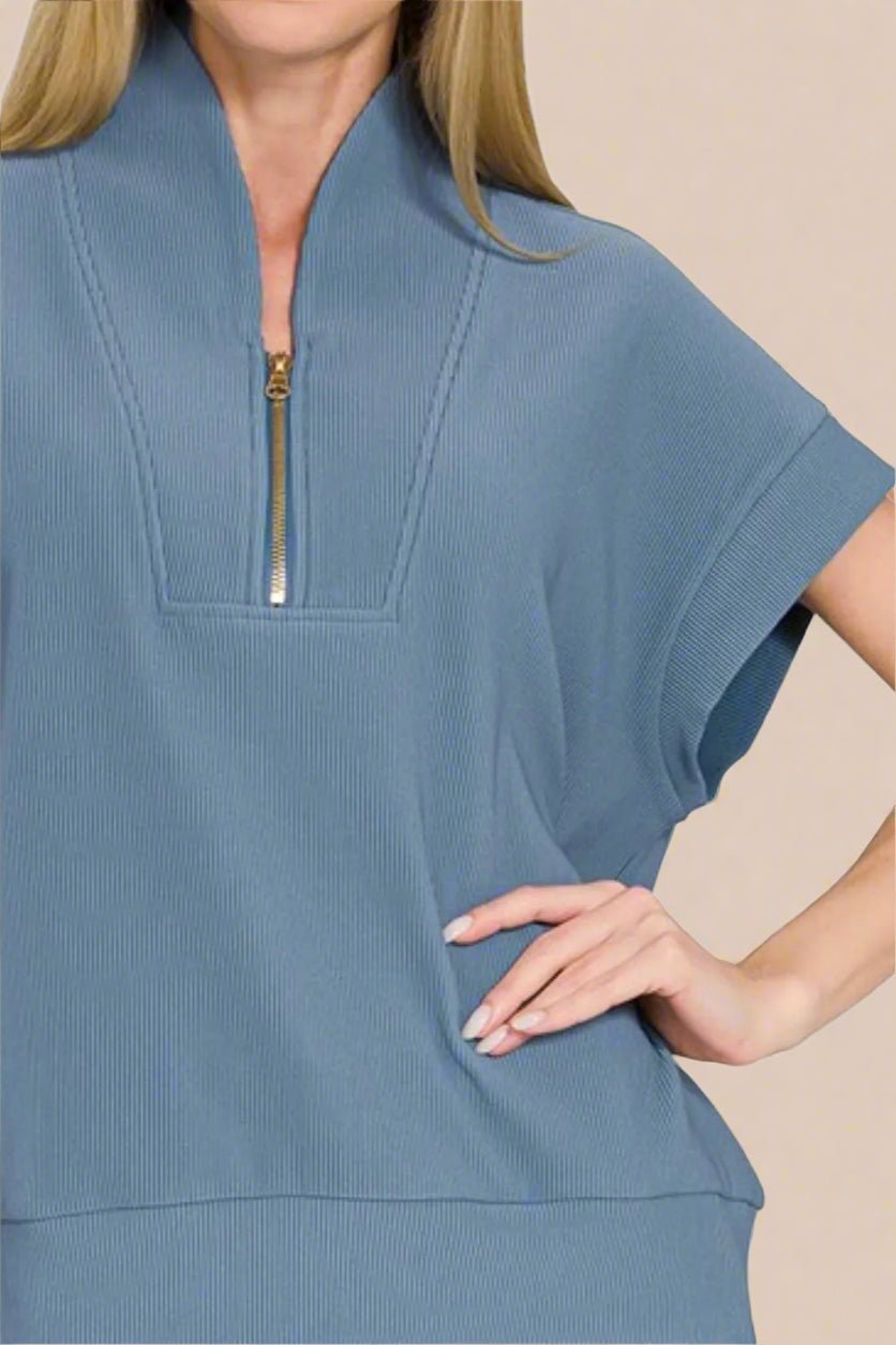 Zenana - Rib Knit Half Zip Short Sleeve Pullover in Dusty Blue