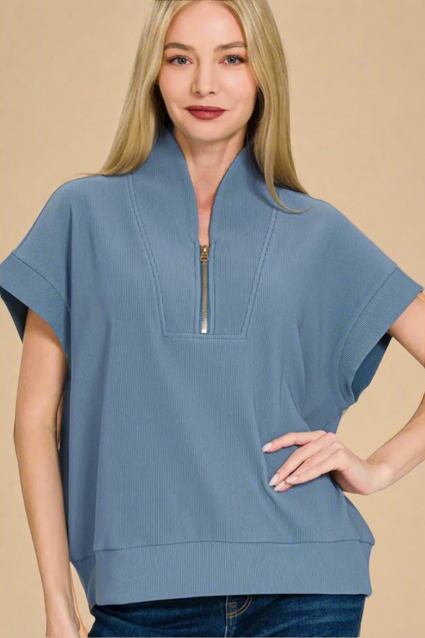 Zenana - Rib Knit Half Zip Short Sleeve Pullover in Dusty Blue