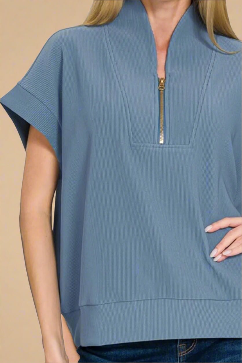 Zenana - Rib Knit Half Zip Short Sleeve Pullover in Dusty Blue