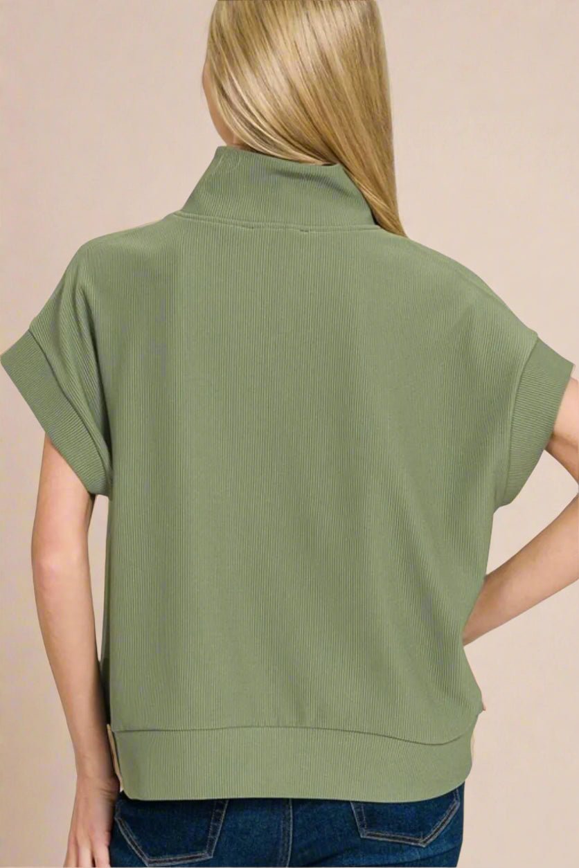 Zenana - Rib Knit Half Zip Short Sleeve Pullover in Olive