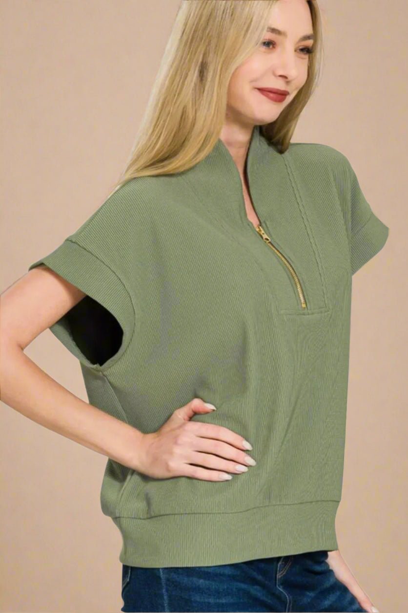 Zenana - Rib Knit Half Zip Short Sleeve Pullover in Olive