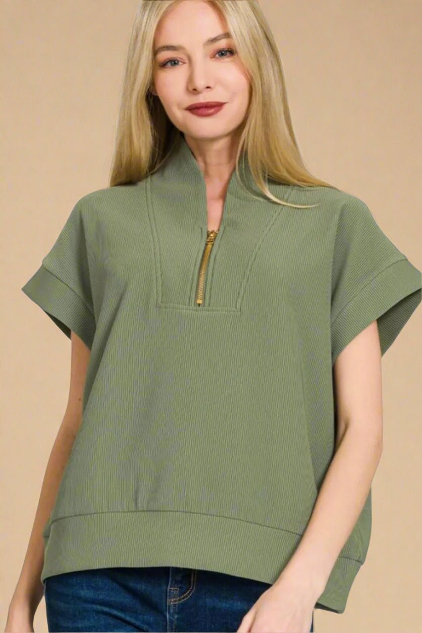 Zenana - Rib Knit Half Zip Short Sleeve Pullover in Olive