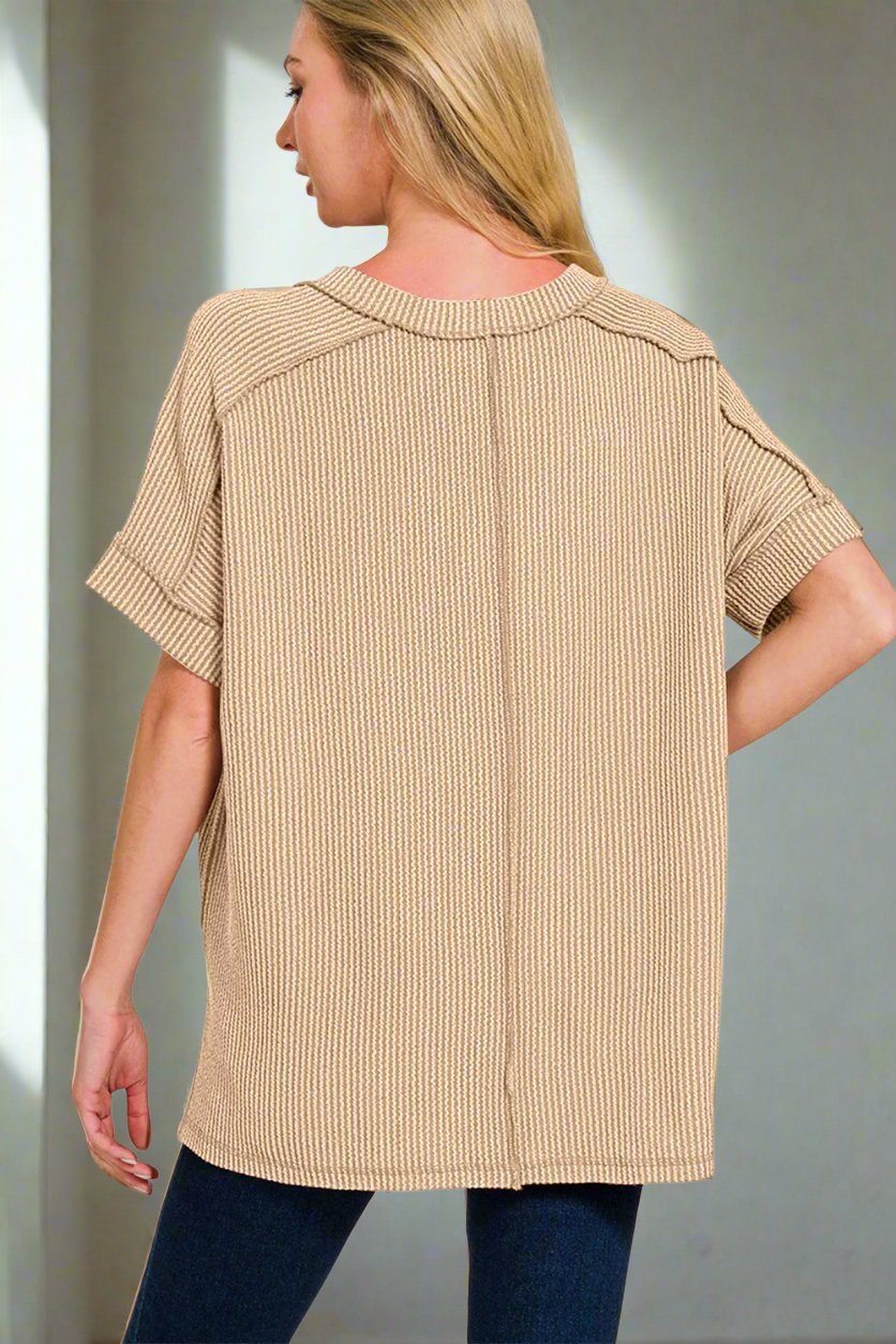 Zenana - Rib Knit Short Sleeve High - Low Hem T - Shirt in Light Mocha