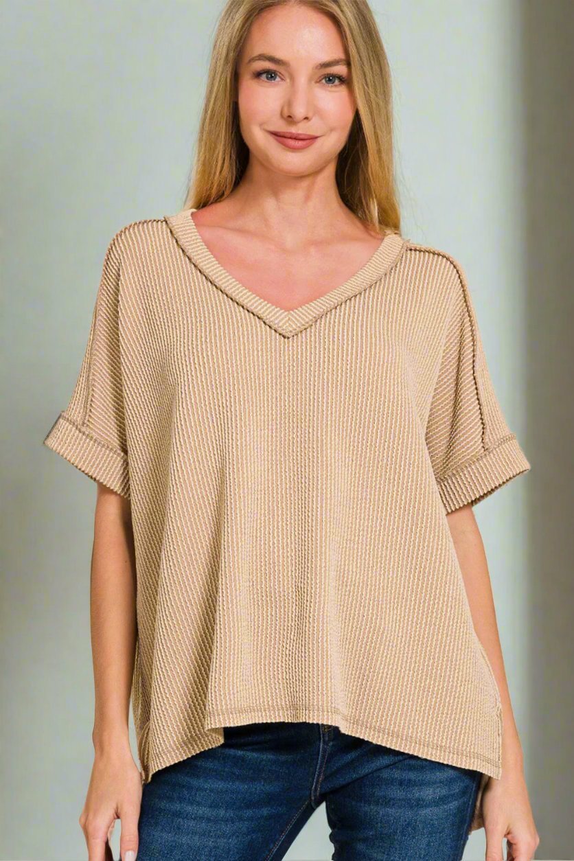 Zenana - Rib Knit Short Sleeve High - Low Hem T - Shirt in Light Mocha