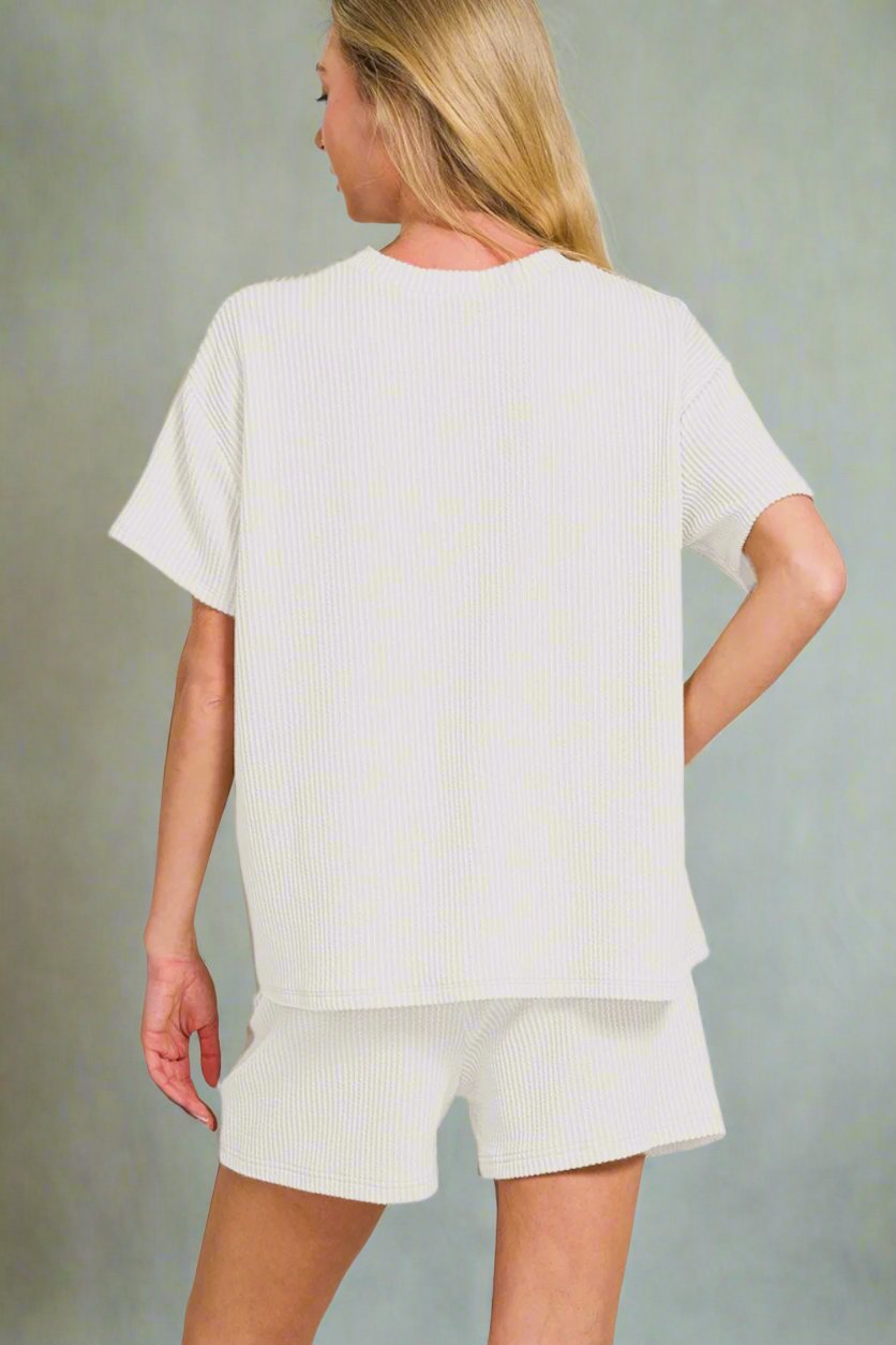 Zenana - Rib Knit Short Sleeve T - Shirt and Shorts Set in Off - White