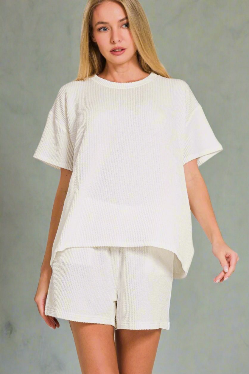 Zenana - Rib Knit Short Sleeve T - Shirt and Shorts Set in Off - White