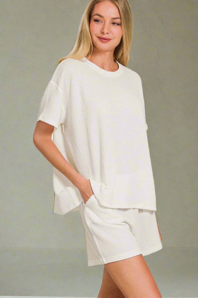 Zenana - Rib Knit Short Sleeve T - Shirt and Shorts Set in Off - White