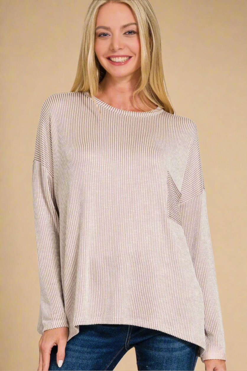 Zenana - Rib Knit Striped Long Sleeve T-Shirt in Ash Mocha