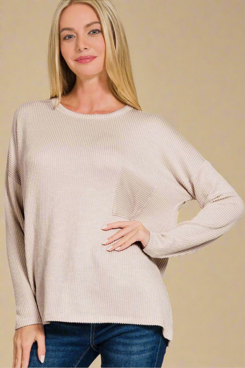 Zenana - Rib Knit Striped Long Sleeve T-Shirt in Ash Mocha