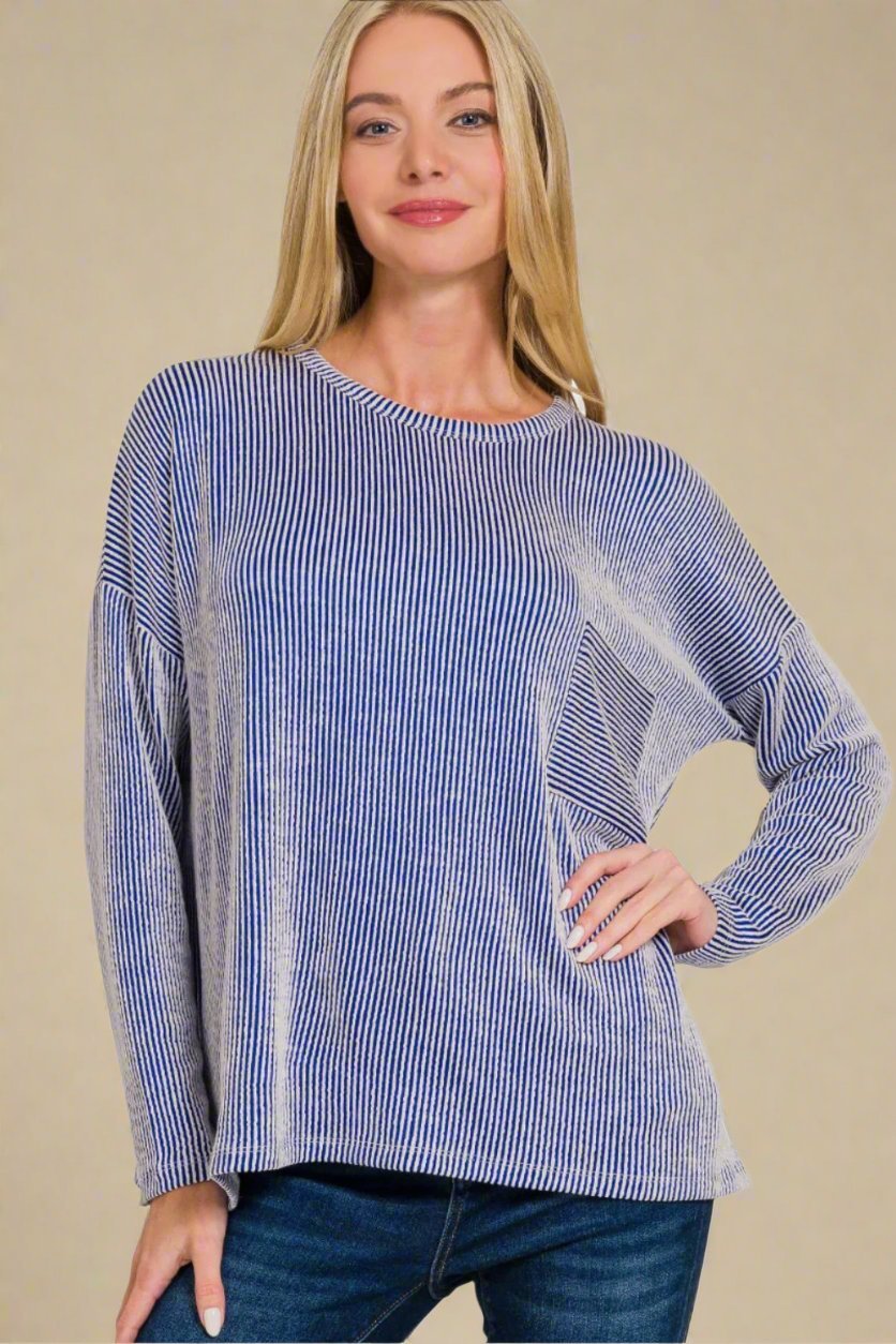 Zenana - Rib Knit Striped Long Sleeve T-Shirt in Bright Blue