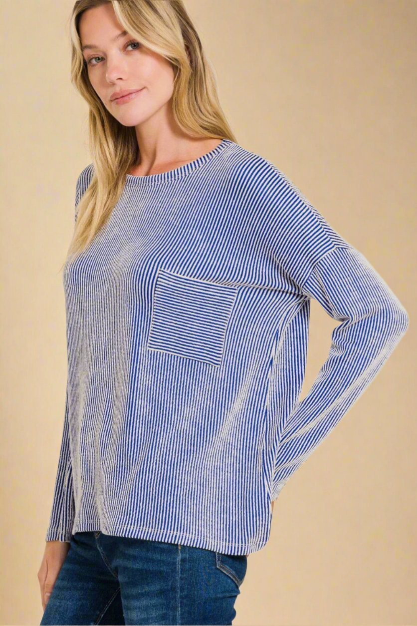 Zenana - Rib Knit Striped Long Sleeve T-Shirt in Bright Blue