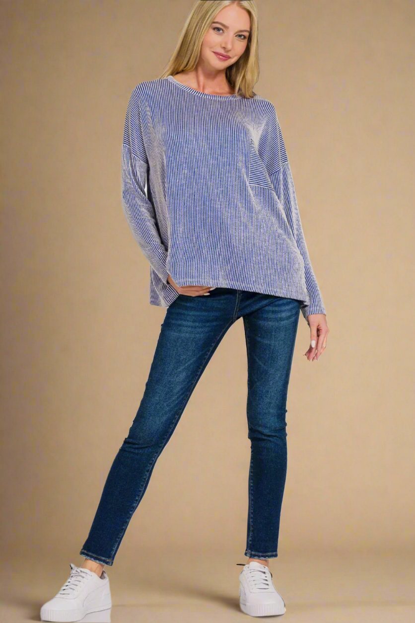 Zenana - Rib Knit Striped Long Sleeve T-Shirt in Bright Blue