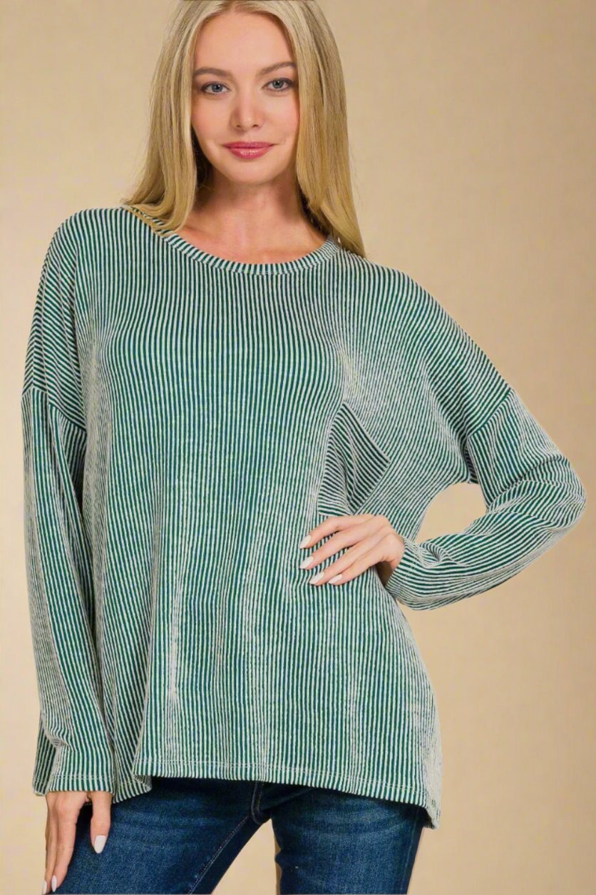 Zenana - Rib Knit Striped Long Sleeve T-Shirt in Dark Green