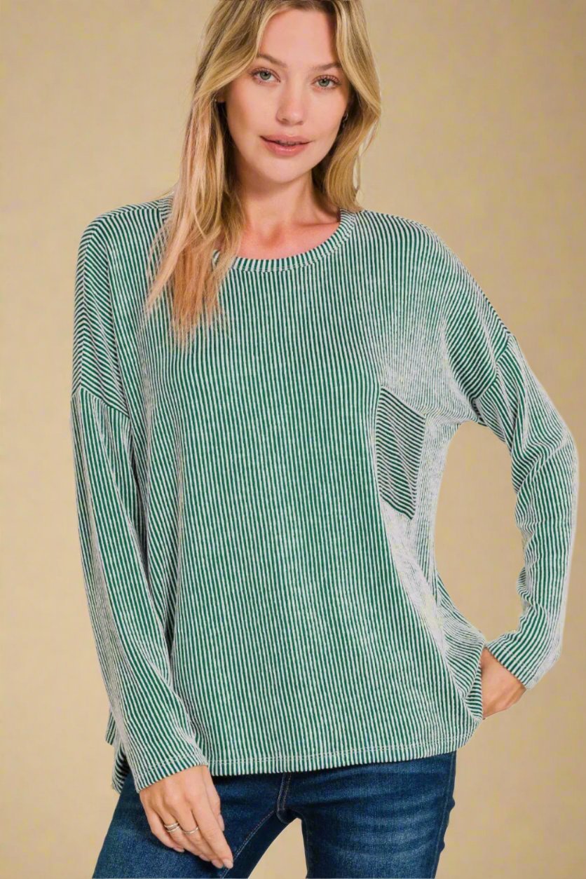 Zenana - Rib Knit Striped Long Sleeve T-Shirt in Dark Green