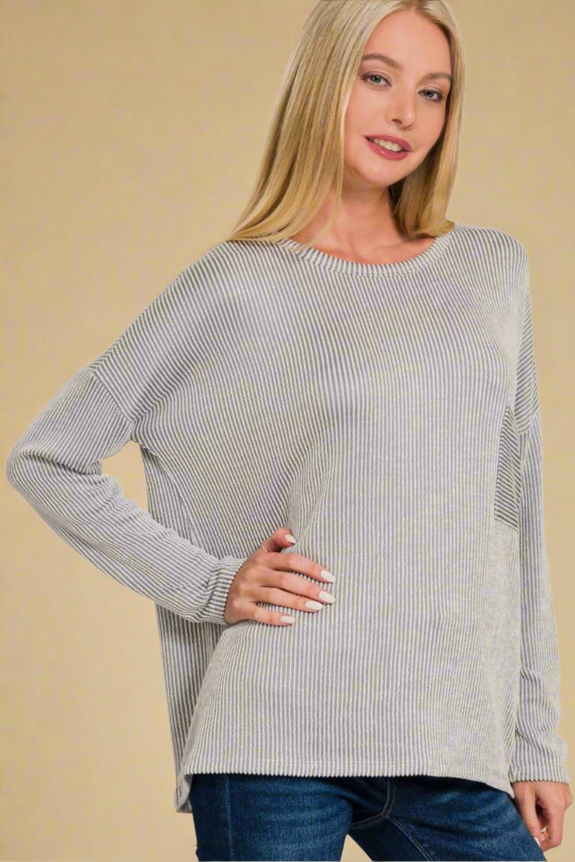 Zenana - Rib Knit Striped Long Sleeve T-Shirt in Light Grey