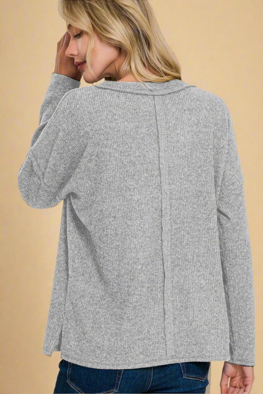 Zenana - Rib Knit V - Neck Drop Shoulder Top in Sleet