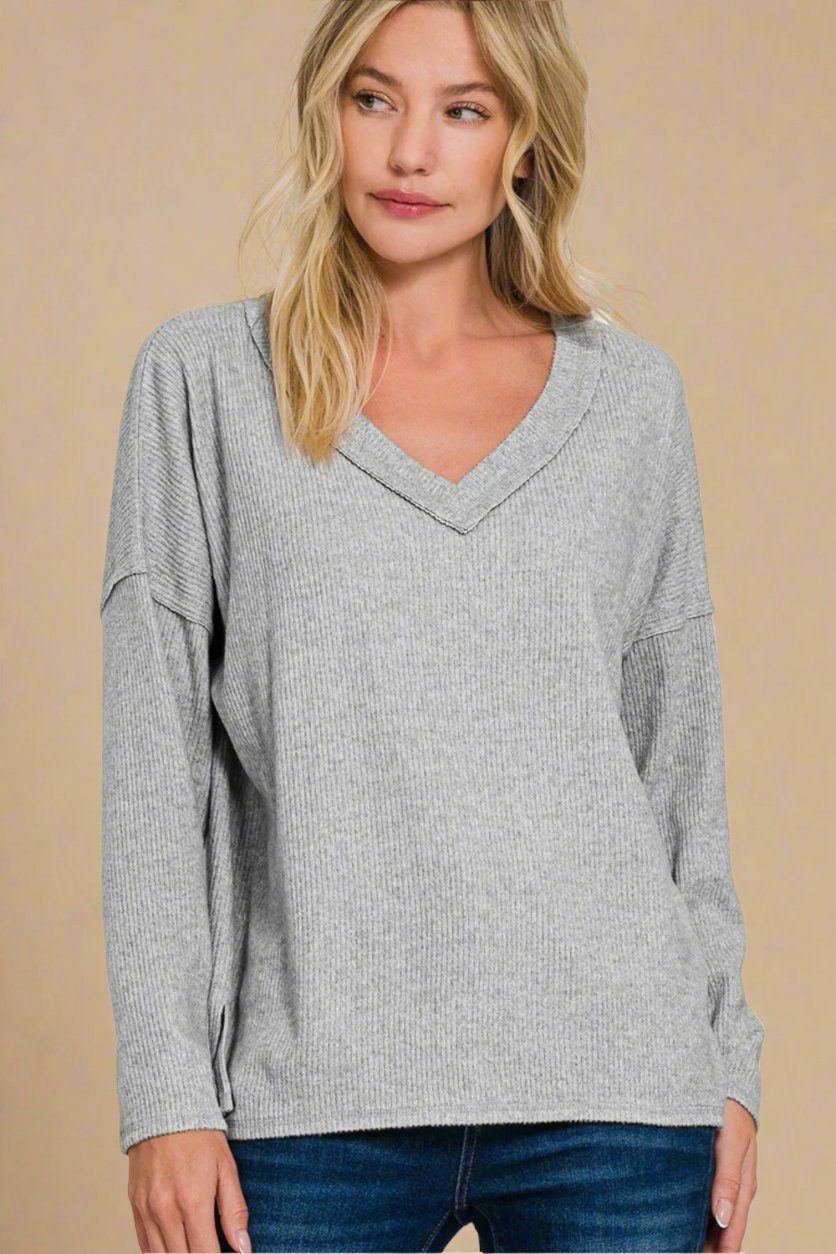 Zenana - Rib Knit V - Neck Drop Shoulder Top in Sleet