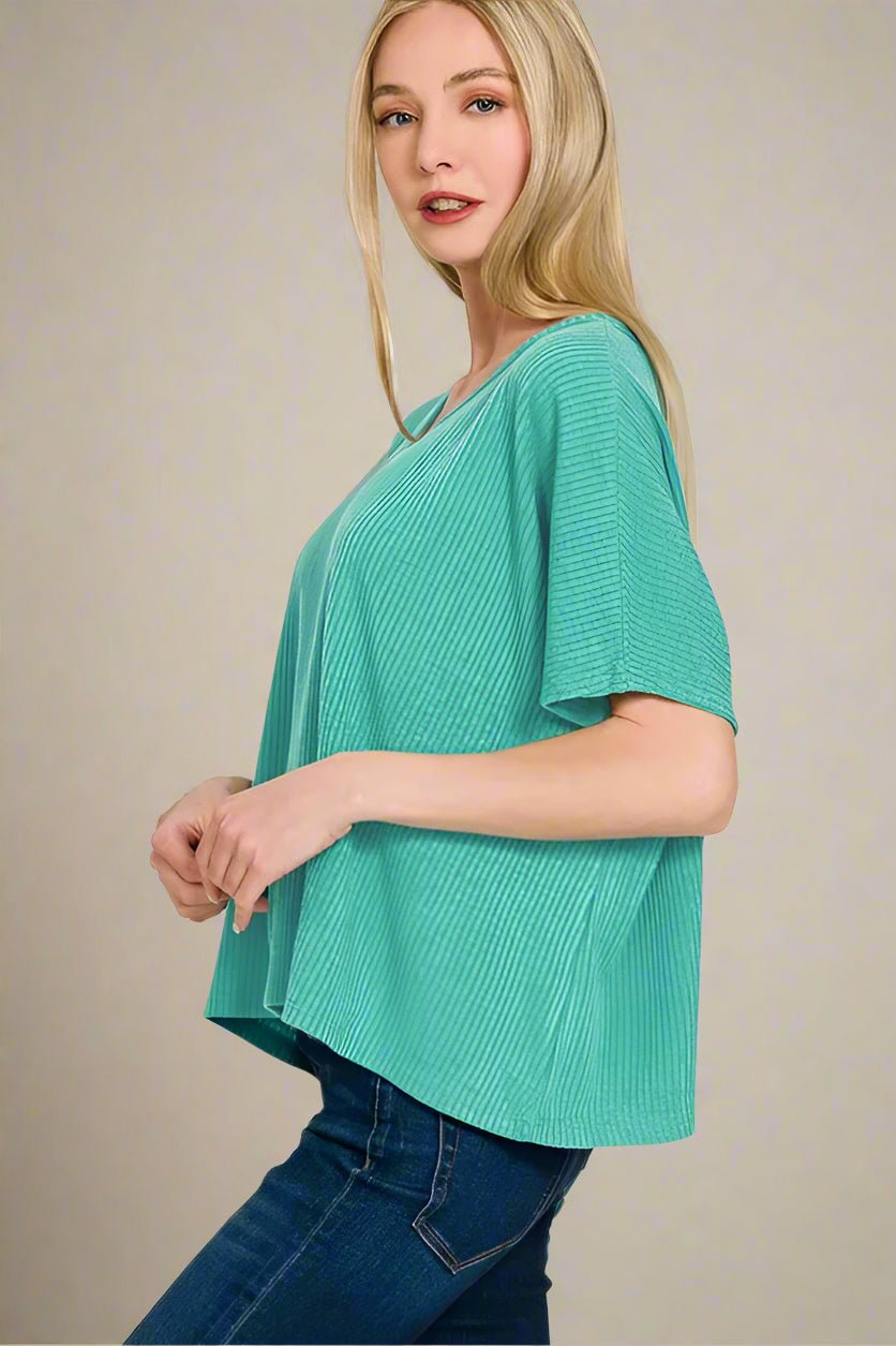 Zenana - Rib Knit V - Neck Relaxed Fit Top – Dusty Aqua