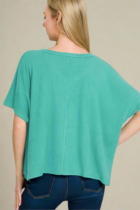 Zenana - Rib Knit V - Neck Relaxed Fit Top – Dusty Aqua