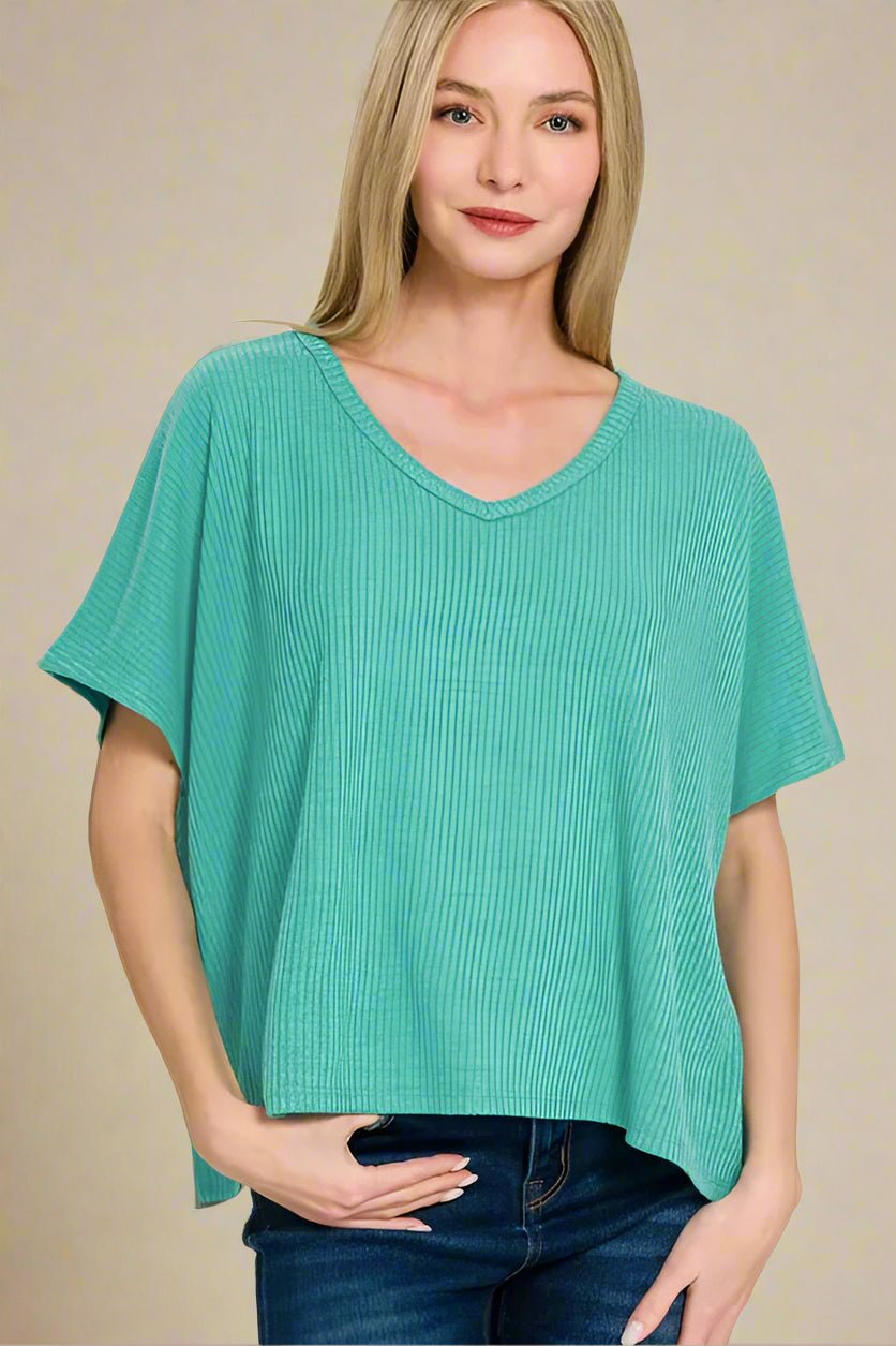 Zenana - Rib Knit V - Neck Relaxed Fit Top – Dusty Aqua