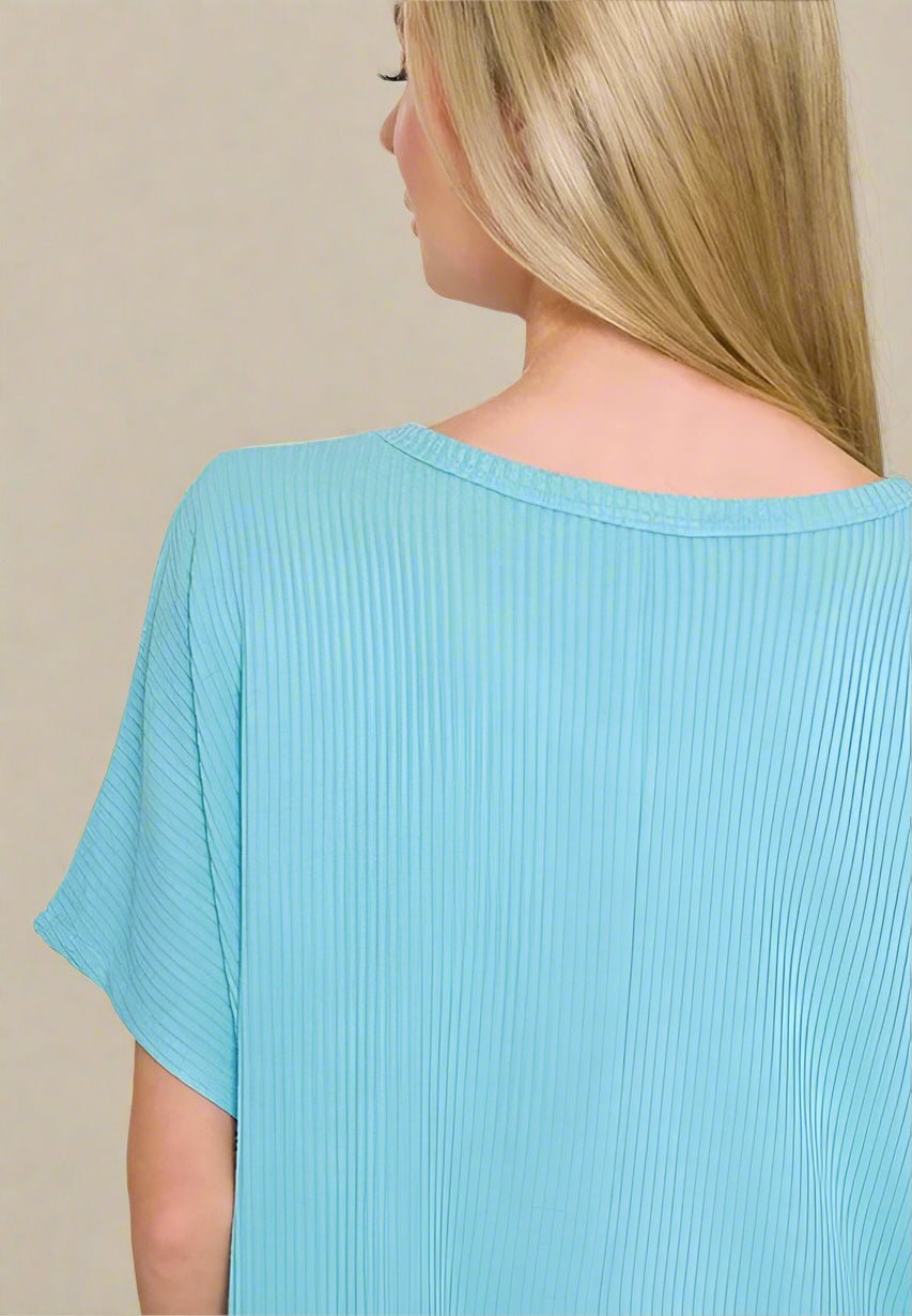 Zenana - Rib Knit V - Neck Relaxed Fit Top – Soft Sky Blue