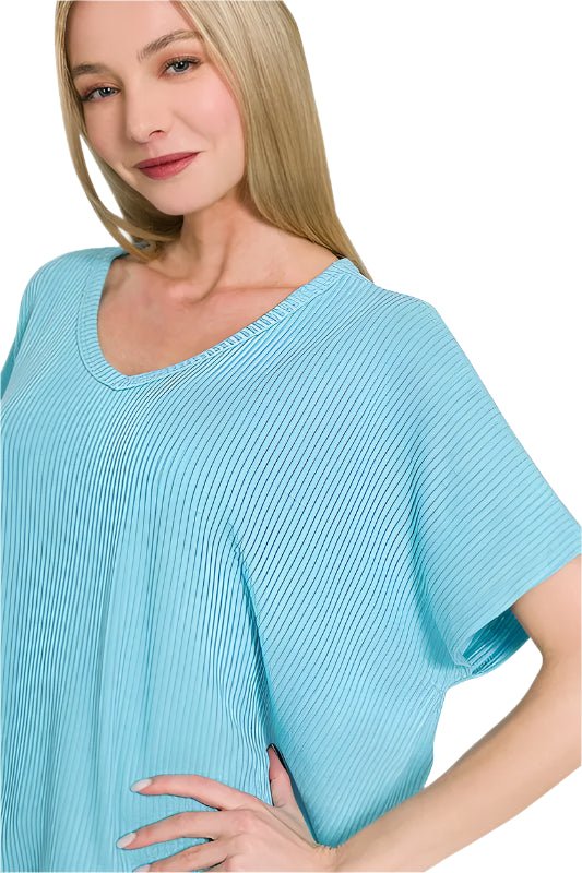 Zenana - Rib Knit V - Neck Relaxed Fit Top – Soft Sky Blue