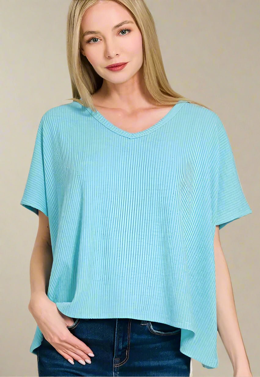 Zenana - Rib Knit V - Neck Relaxed Fit Top – Soft Sky Blue