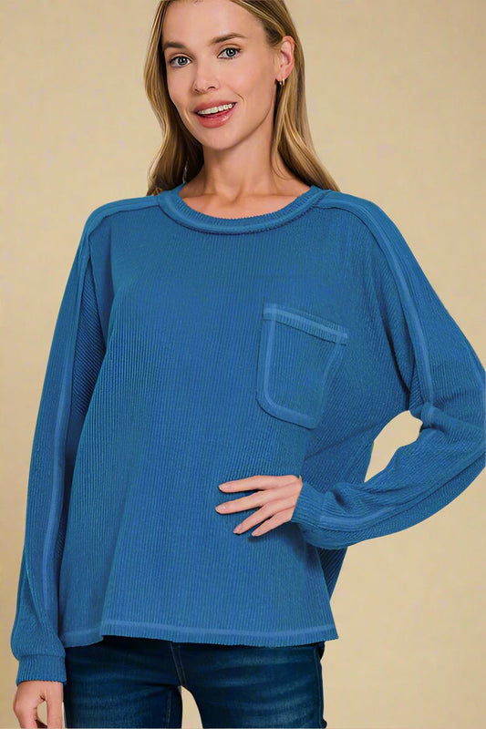 Zenana - Royal Blue Contrast Stitching Hacci Knit Top