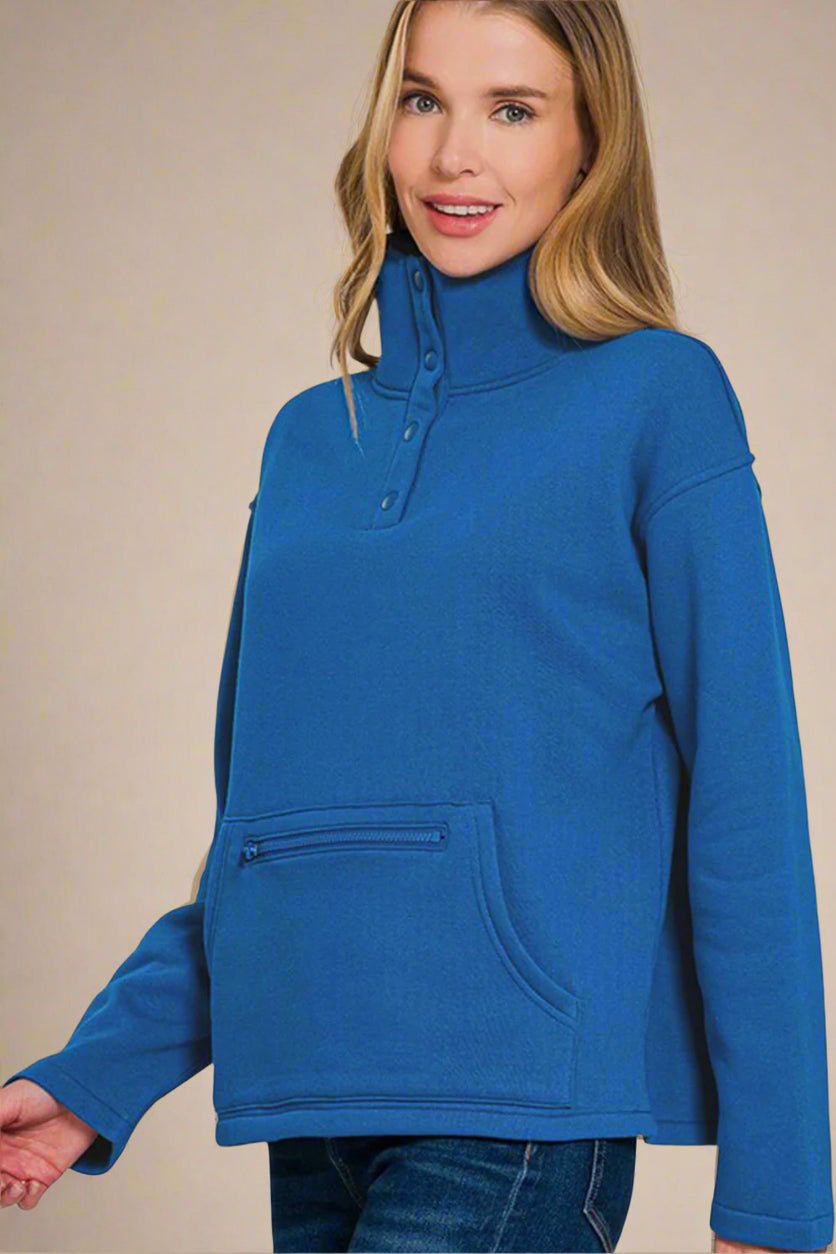 Zenana - Royal Blue Half Snap Fleece Sweatshirt