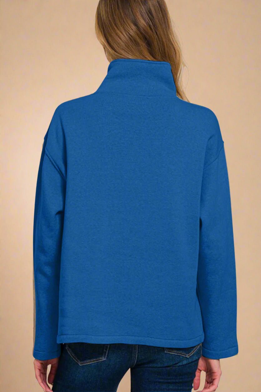 Zenana - Royal Blue Half Snap Fleece Sweatshirt