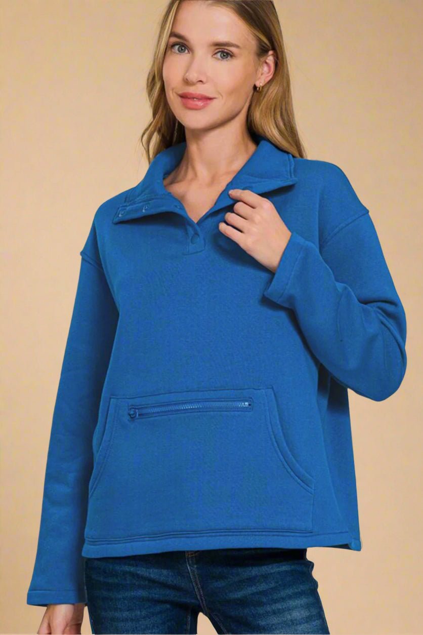 Zenana - Royal Blue Half Snap Fleece Sweatshirt