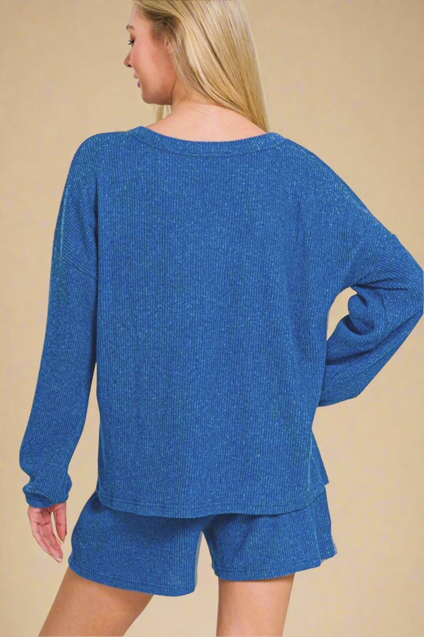 Zenana - Royal Blue Long Sleeve Top and Shorts Set