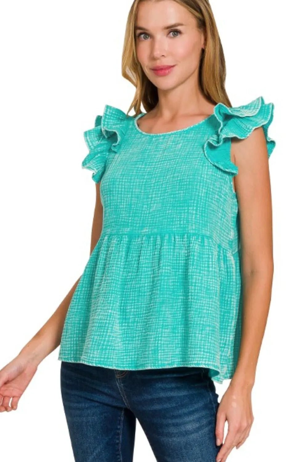 Zenana - Ruffle Sleeve Textured Top in Aqua Green