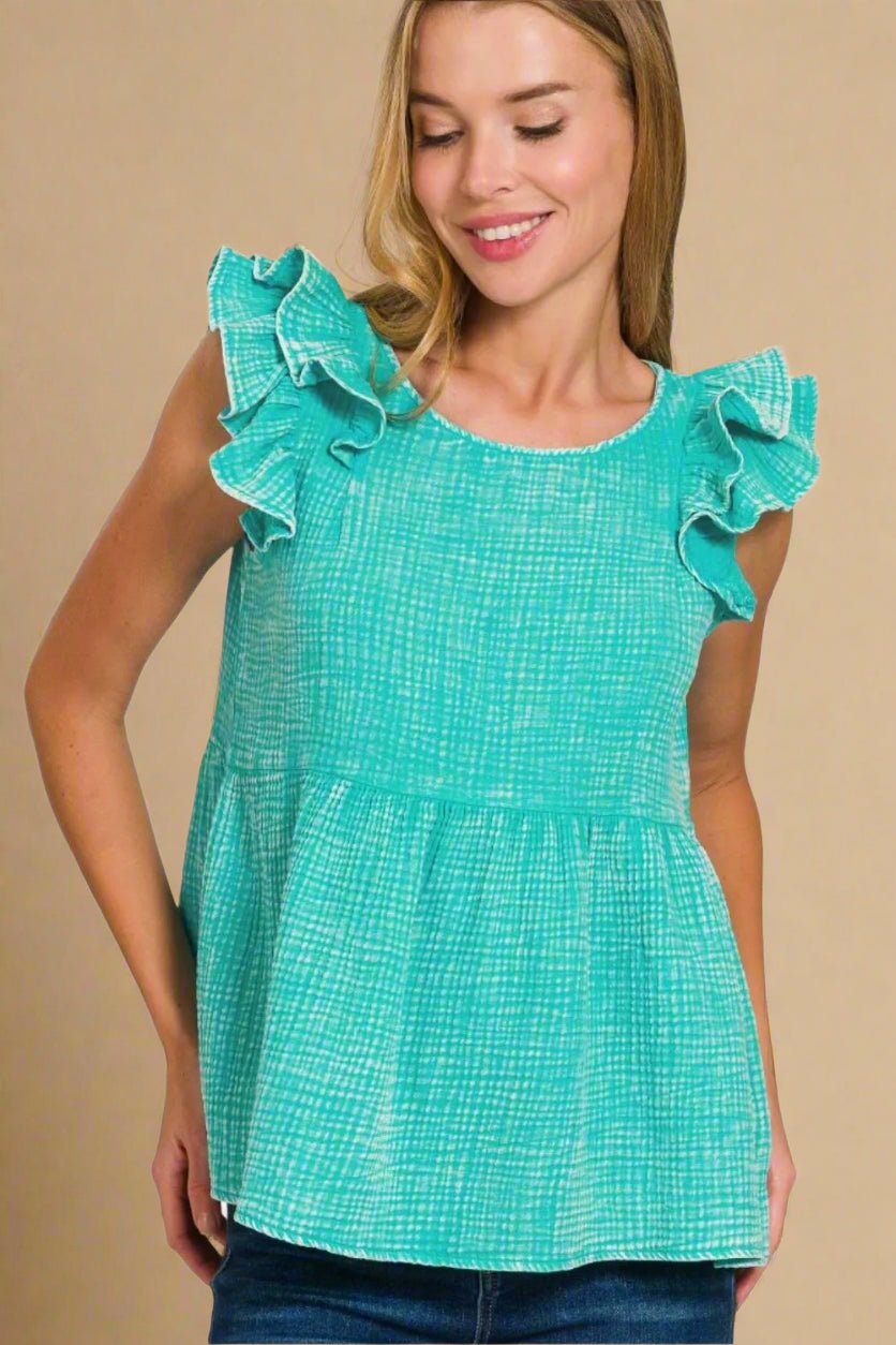 Zenana - Ruffle Sleeve Textured Top in Aqua Green
