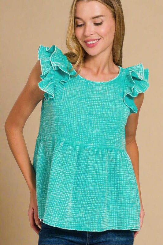 Zenana - Ruffle Sleeve Textured Top in Aqua Green
