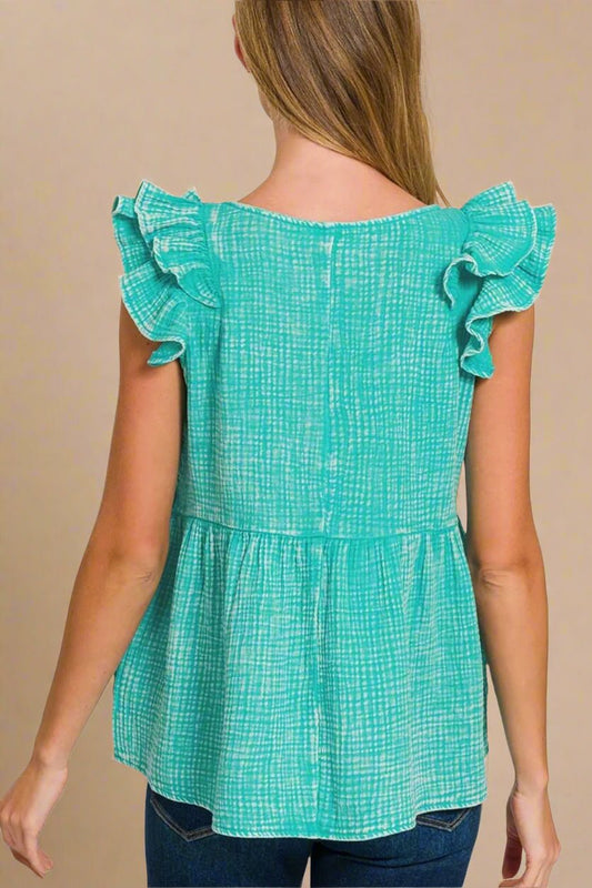 Zenana - Ruffle Sleeve Textured Top in Aqua Green