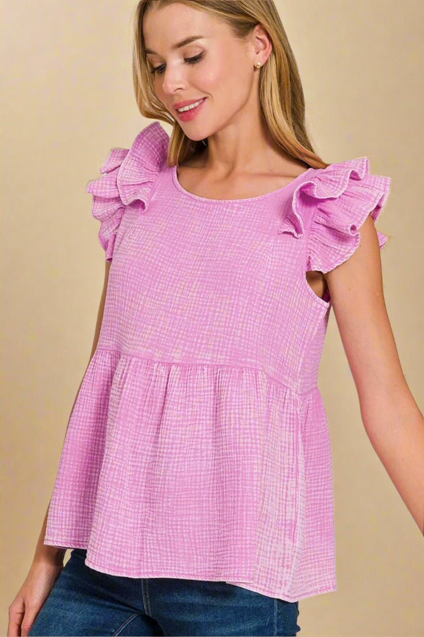 Zenana - Ruffle Sleeve Textured Top in Pink