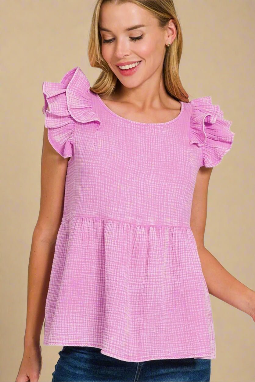 Zenana - Ruffle Sleeve Textured Top in Pink