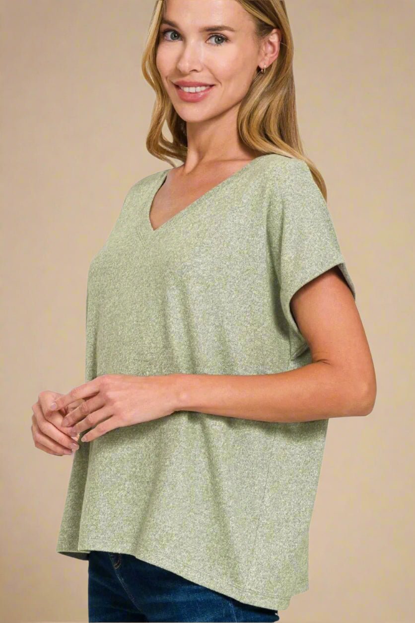 Zenana - Sage Green V - Neck Rolled Sleeve Top