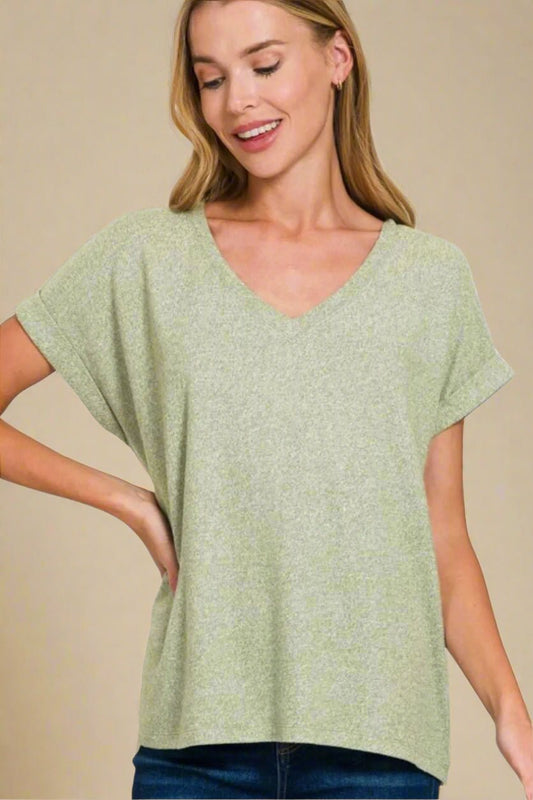 Zenana - Sage Green V - Neck Rolled Sleeve Top