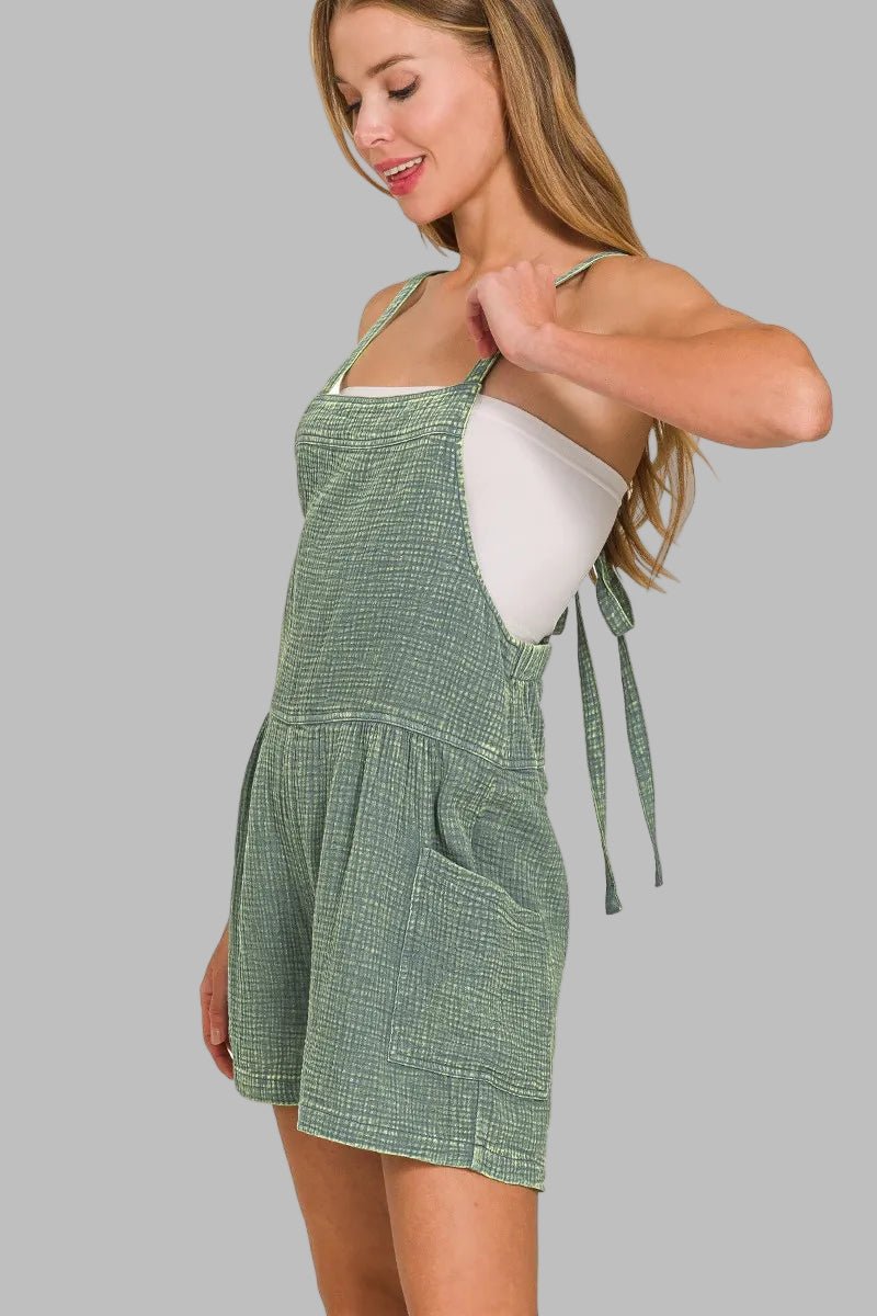 Zenana - Sage Textured Tie Back Overall Romper