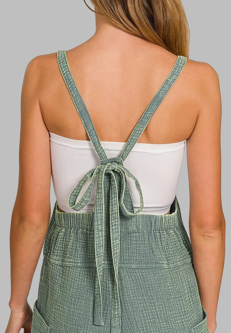 Zenana - Sage Textured Tie Back Overall Romper