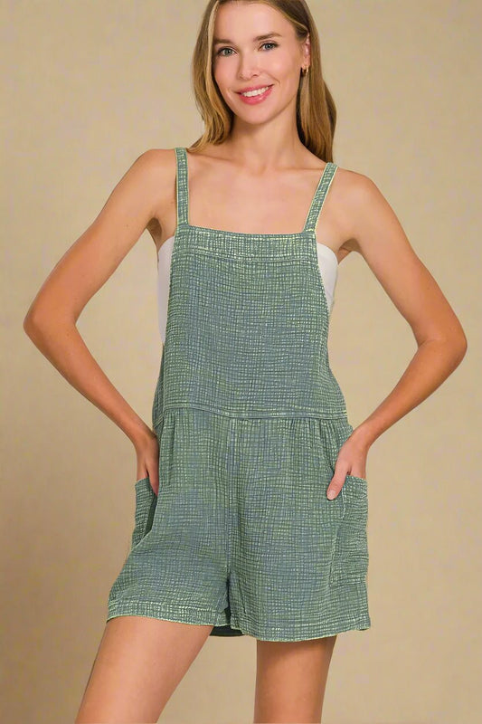 Zenana - Sage Textured Tie Back Overall Romper