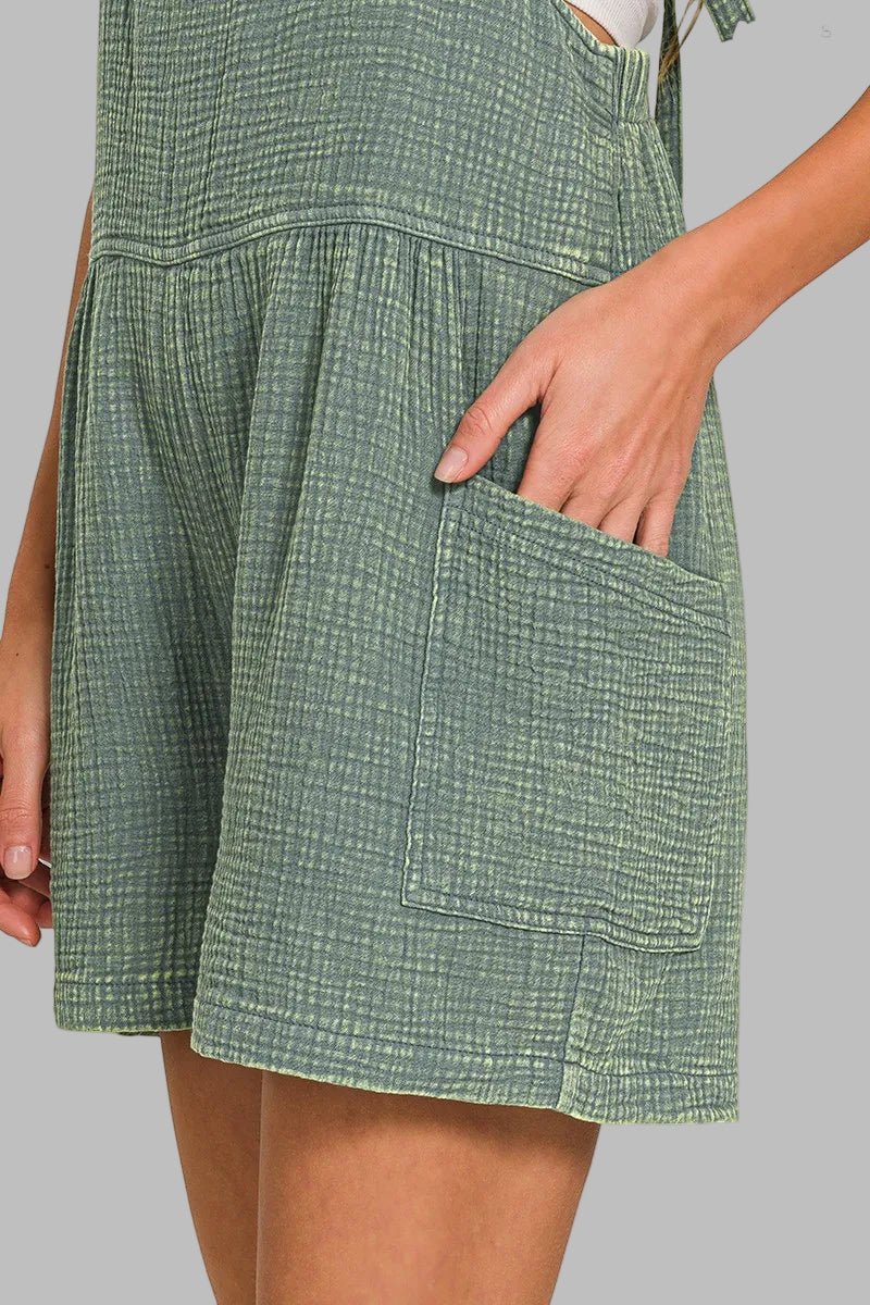 Zenana - Sage Textured Tie Back Overall Romper