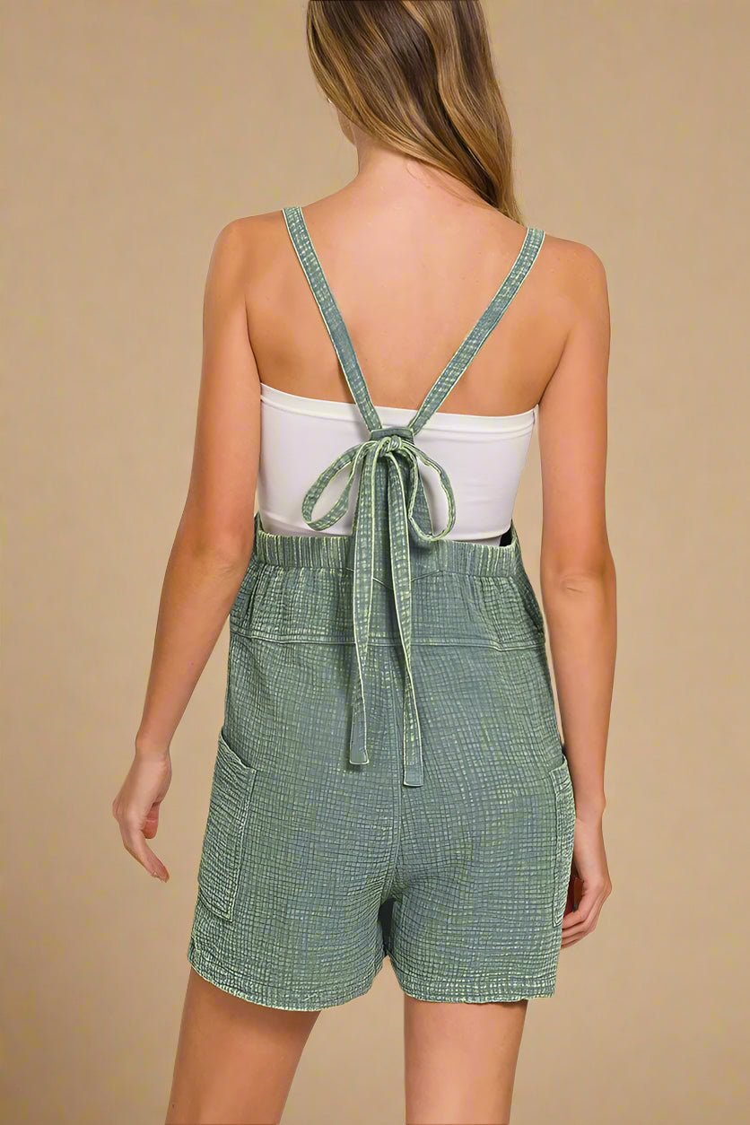 Zenana - Sage Textured Tie Back Overall Romper