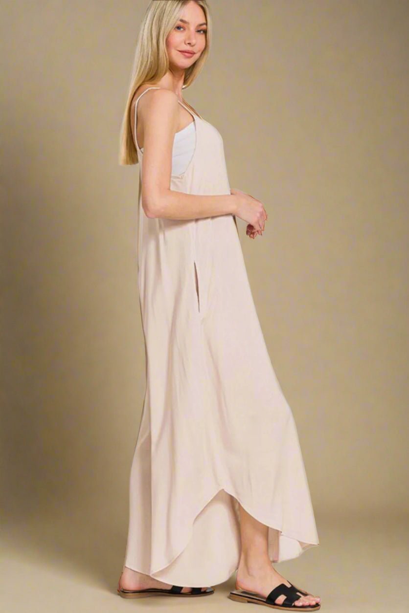 Zenana - Sand Beige Sleeveless Wide Leg Jumpsuit with Pockets