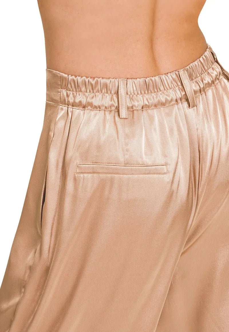 Zenana - Satin Wide Leg Trousers in Champagne Beige